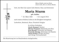 Traueranzeige Maria Sturm