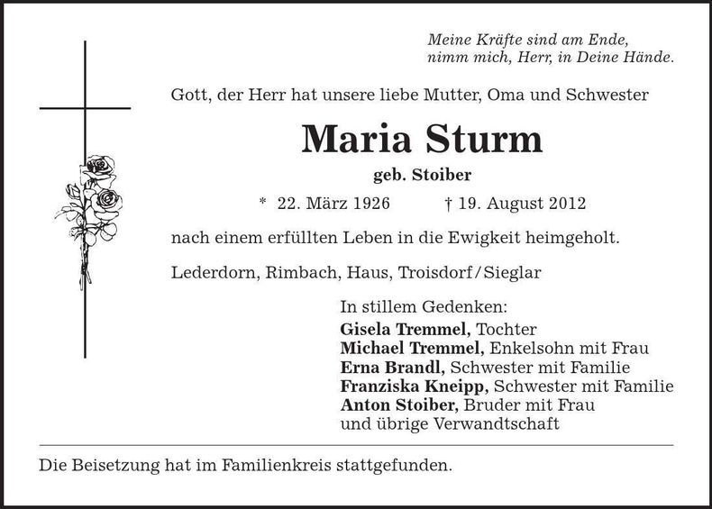 Traueranzeige Maria Sturm