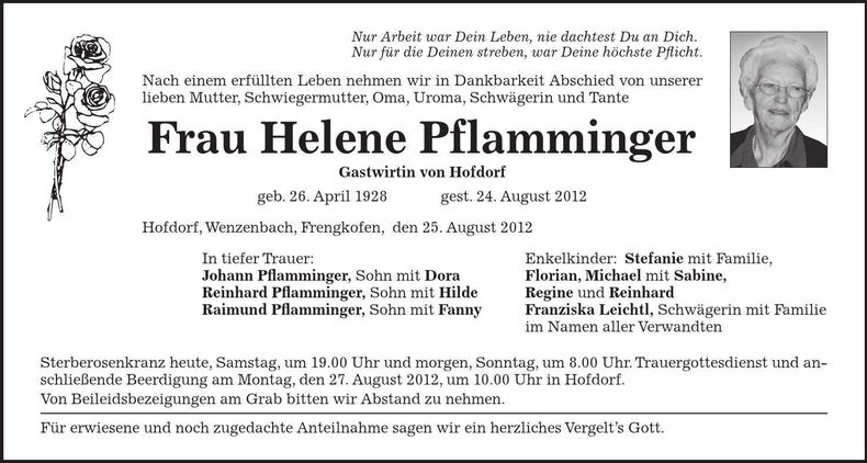 Traueranzeige Helene Pflamminger