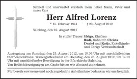 Traueranzeige Alfred Lorenz