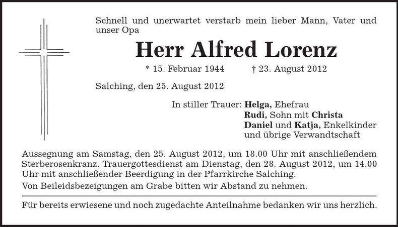 Traueranzeige Alfred Lorenz
