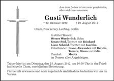 Traueranzeige Gusti Wunderlich