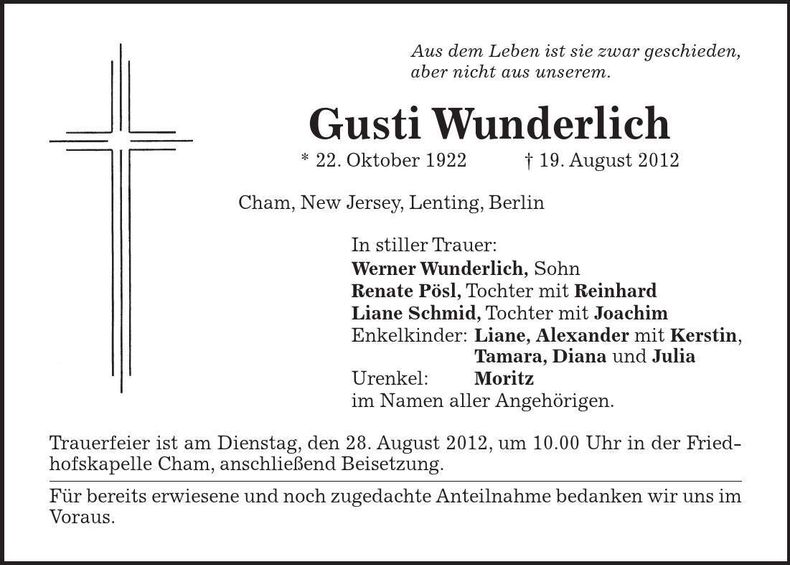 Traueranzeige Gusti Wunderlich