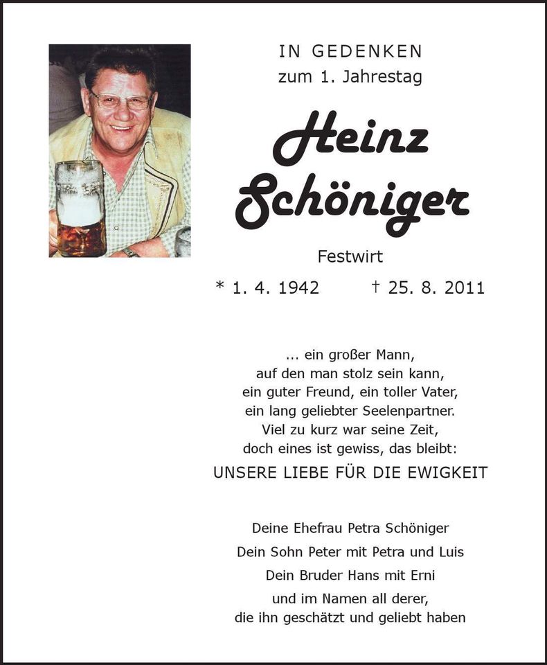 Traueranzeige Heinz Schöniger