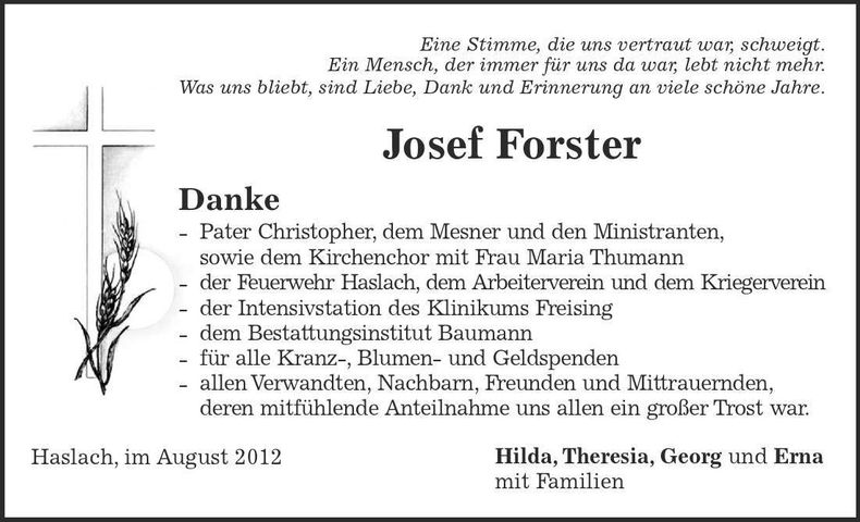 Traueranzeige Josef Forster