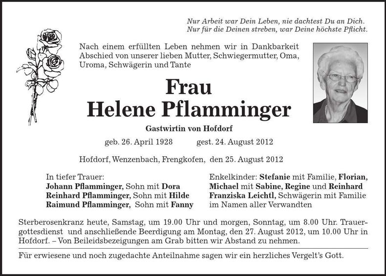 Traueranzeige Helene Pflamminger