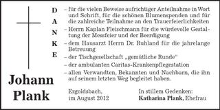 Traueranzeige Johann Plank