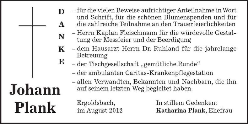 Traueranzeige Johann Plank
