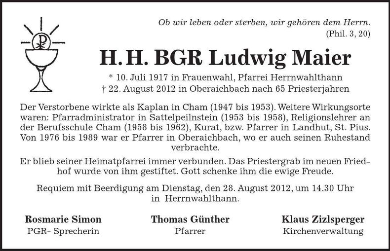 Traueranzeige Ludwig Maier