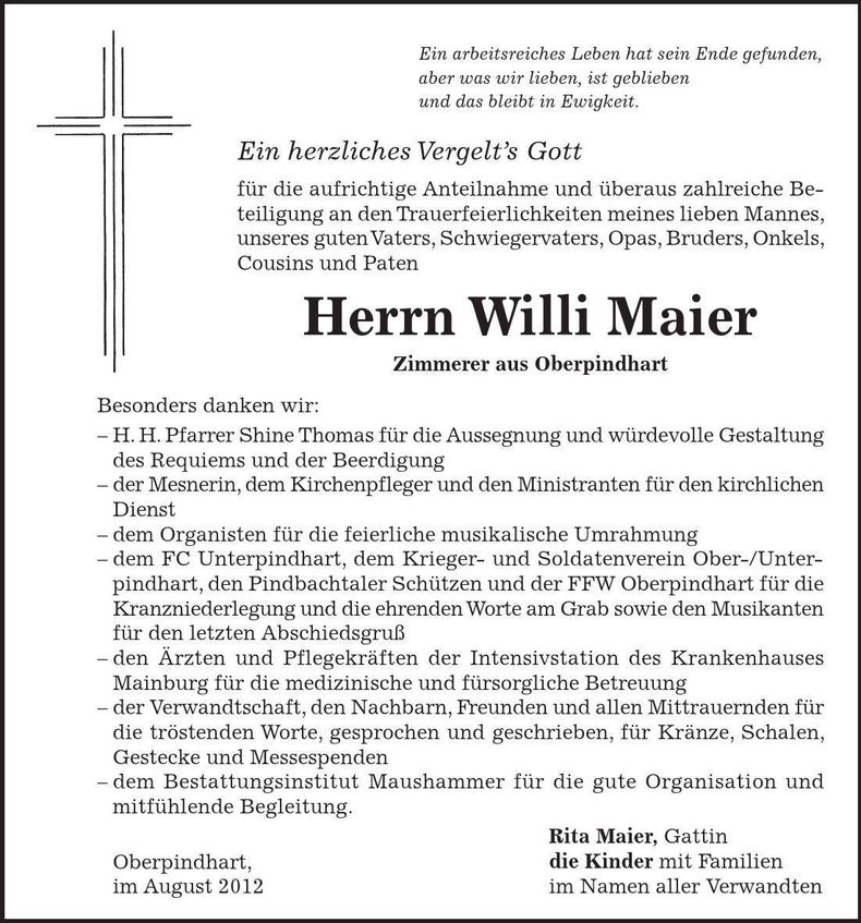 Traueranzeige Willi Maier