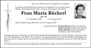 Traueranzeige Maria Rückerl