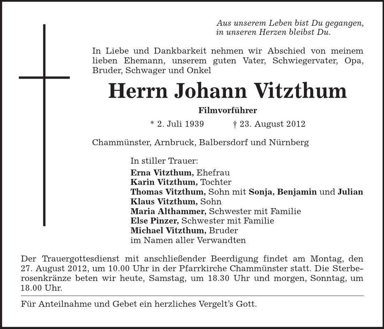 Traueranzeige Johann Vitzthum
