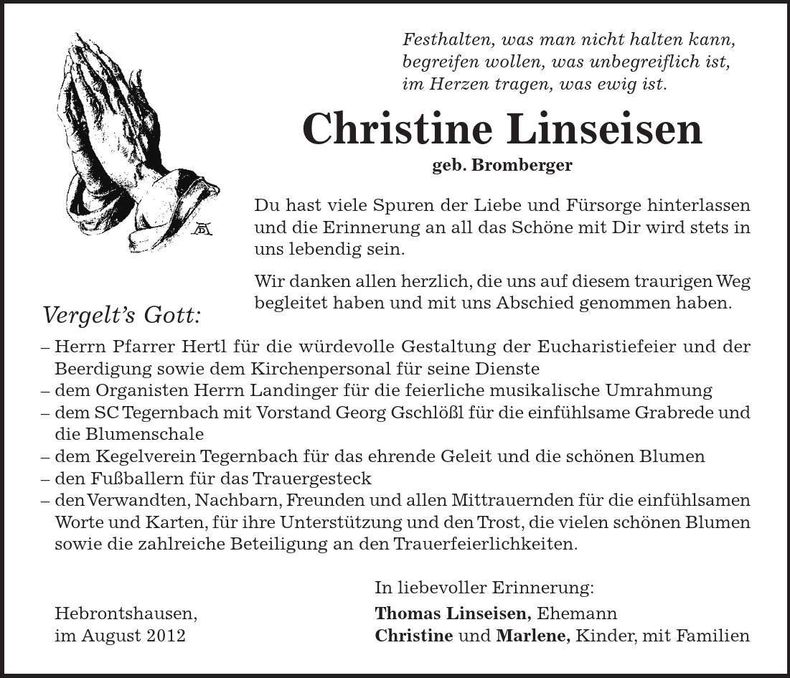 Traueranzeige Christine Linseisen