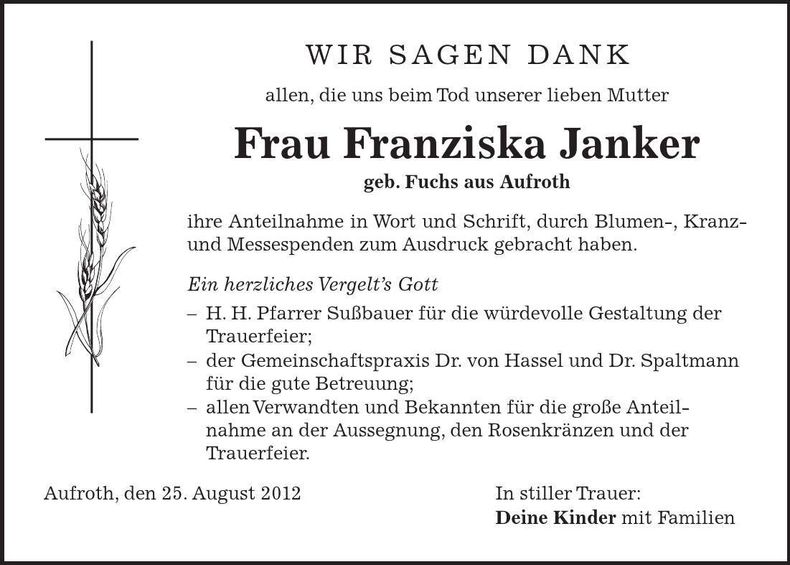 Traueranzeige Franziska Janker