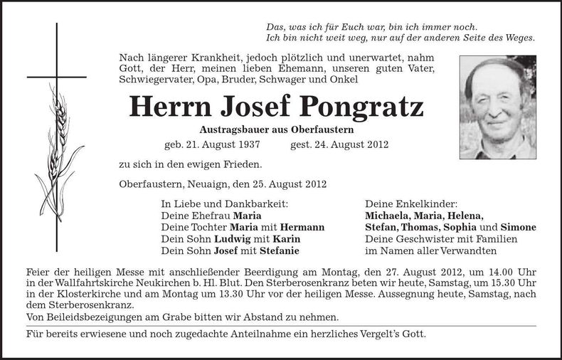 Traueranzeige Josef Pongratz