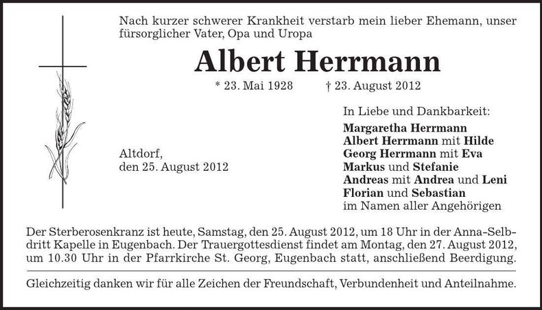 Traueranzeige Albert Herrmann
