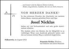 Traueranzeige Josef Nicklas