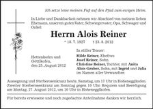 Traueranzeige Alois Reiner