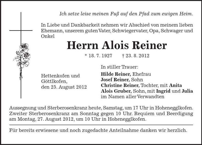 Traueranzeige Alois Reiner