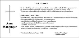 Traueranzeige Anna Wanninger