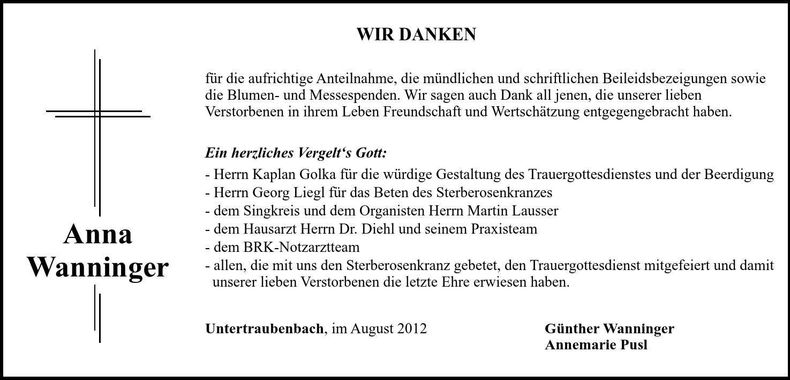 Traueranzeige Anna Wanninger