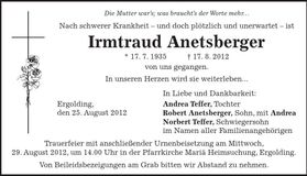 Traueranzeige Irmtraud Anetsberger