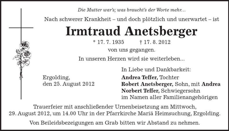 Traueranzeige Irmtraud Anetsberger