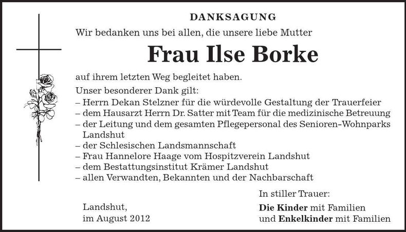 Traueranzeige Ilse Borke