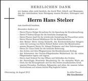 Traueranzeige Hans Stelzer