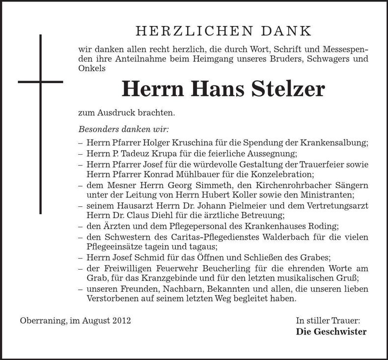 Traueranzeige Hans Stelzer