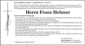 Traueranzeige Franz Holzner