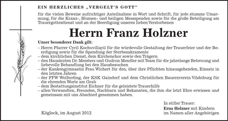 Traueranzeige Franz Holzner