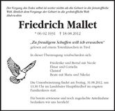 Traueranzeige Friedrich Mallet