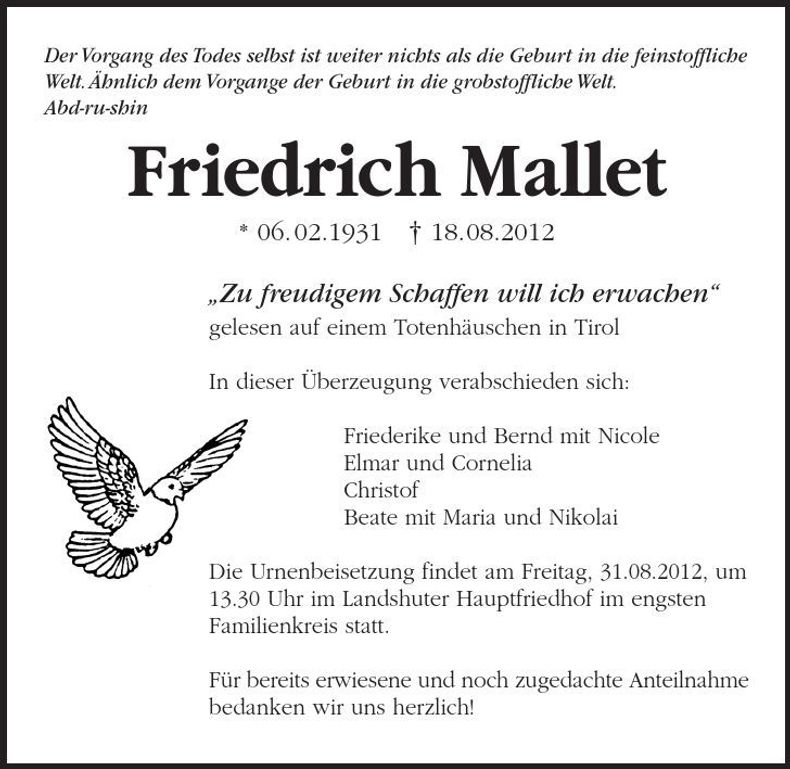 Traueranzeige Friedrich Mallet
