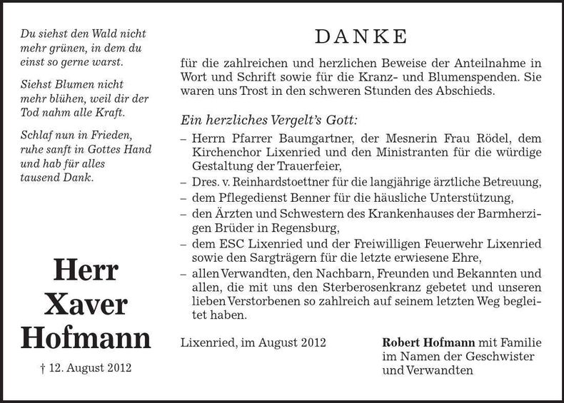 Traueranzeige Xaver Hofmann