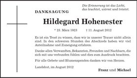 Traueranzeige Hildegard Hohenester