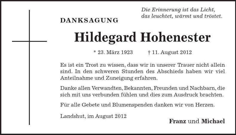 Traueranzeige Hildegard Hohenester