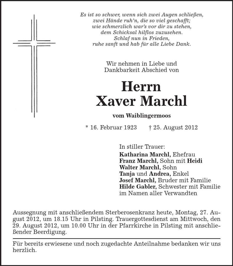 Traueranzeige Xaver Marchl