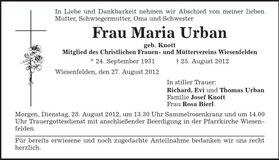 Traueranzeige Maria Urban