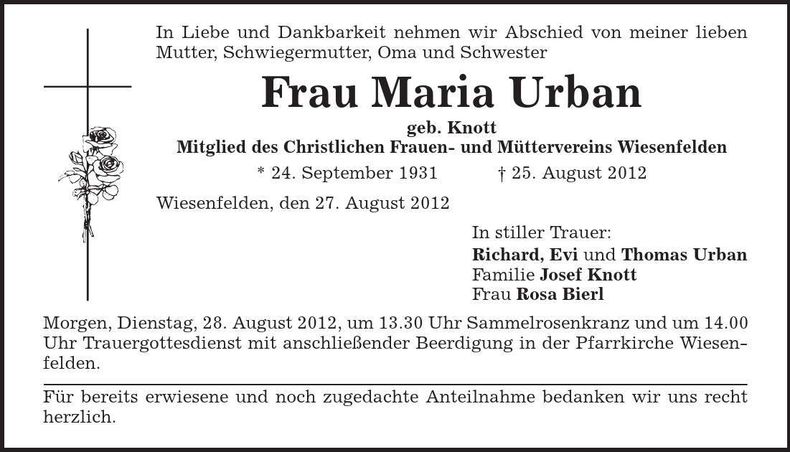 Traueranzeige Maria Urban
