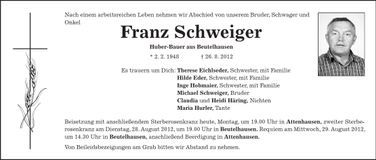 Traueranzeige Franz Schweiger