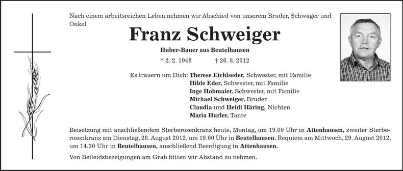 Traueranzeige Franz Schweiger