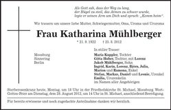 Traueranzeige Katharina Mühlberger