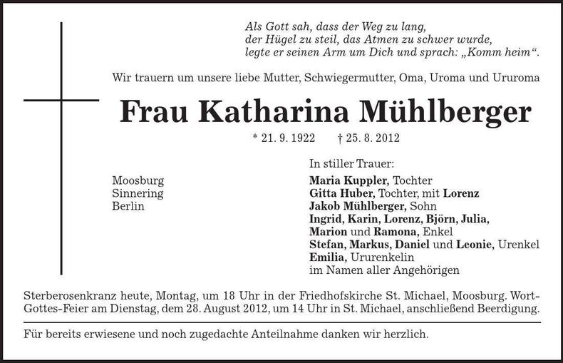 Traueranzeige Katharina Mühlberger