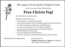 Traueranzeige Christa Vogl