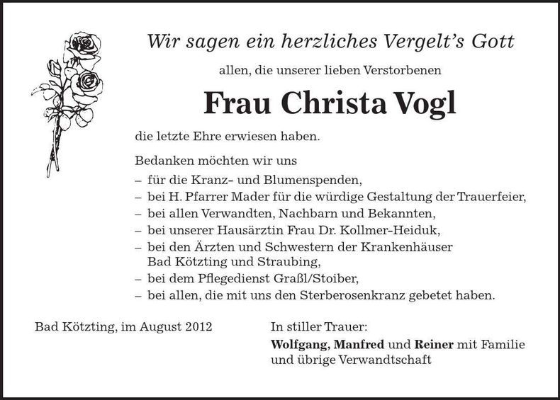 Traueranzeige Christa Vogl