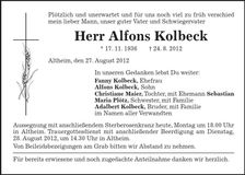 Traueranzeige Alfons Kolbeck