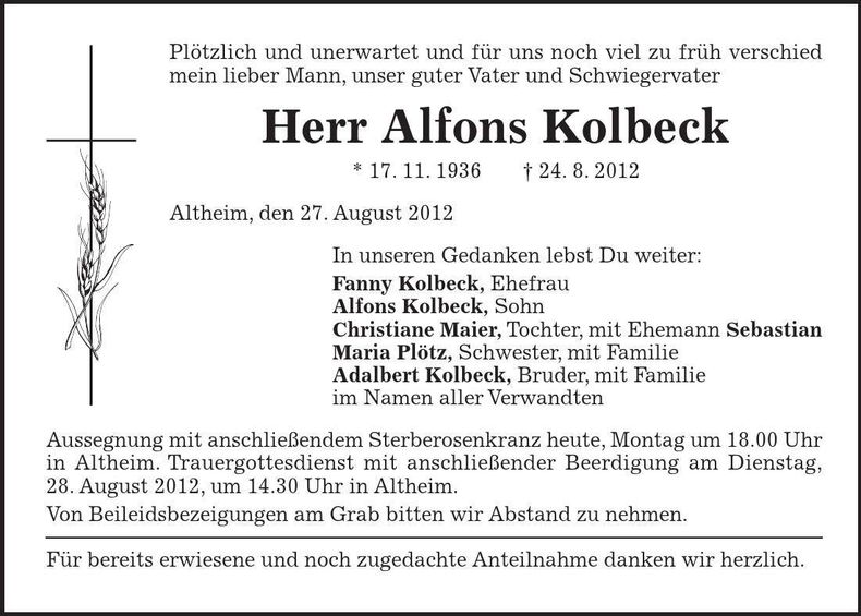 Traueranzeige Alfons Kolbeck