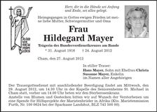 Traueranzeige Hildegard Mayer