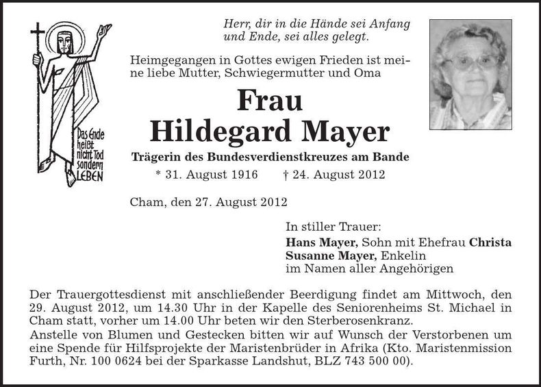 Traueranzeige Hildegard Mayer
